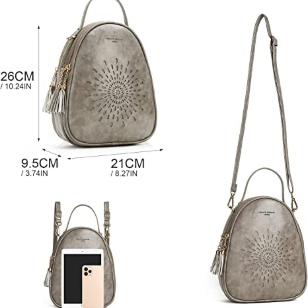 NWT Elegant Gray Backpack with Perforated Design and Tassel - Picture 3 of 3